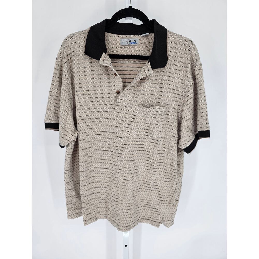 VTG Penguin Sport Men's Short Sleeve Tan Collared Casual T-shirt Size XL